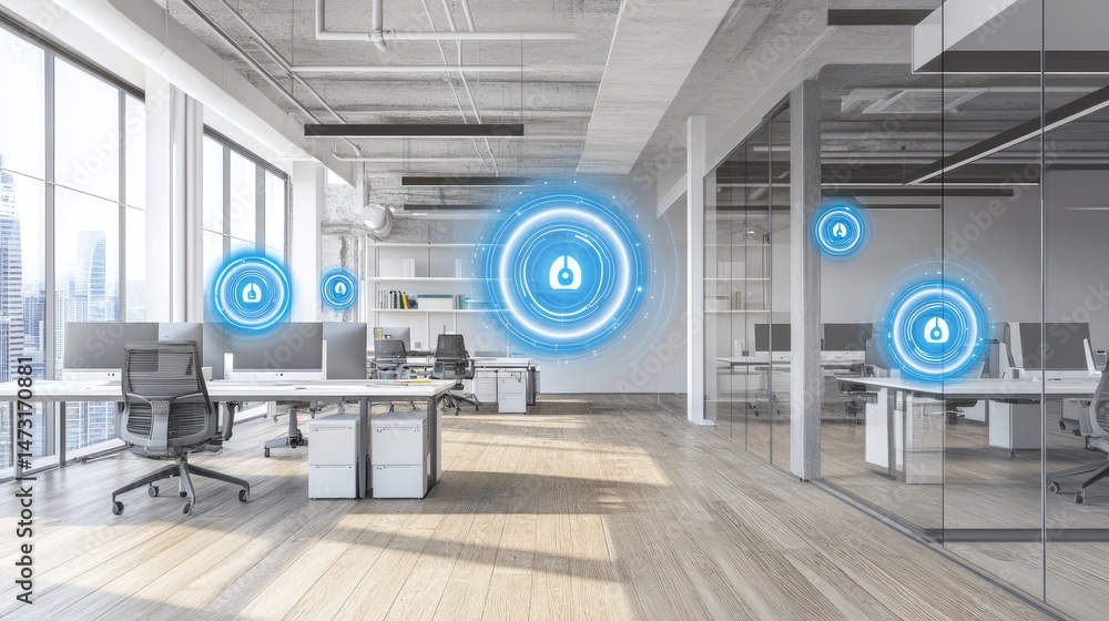 Aufkleber open plan office showing ceiling-mounted sensors automating temperature and occupancy lighting