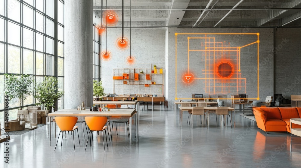 Poster open plan office showing ceiling-mounted sensors automating temperature and occupancy lighting