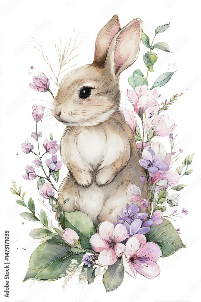 Poster adorable bunny rabbit sitting amidst a delicate arrangement of pink and purple flowers, creating a c