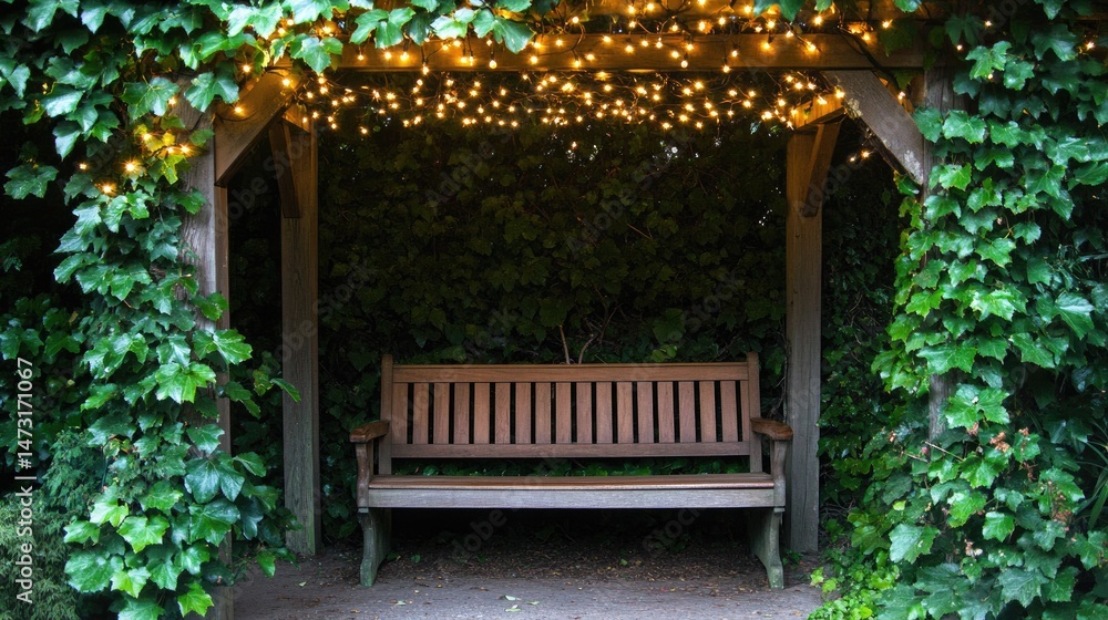 Poster outdoor bench with built-in storage under a pergola draped with greenery and string lights