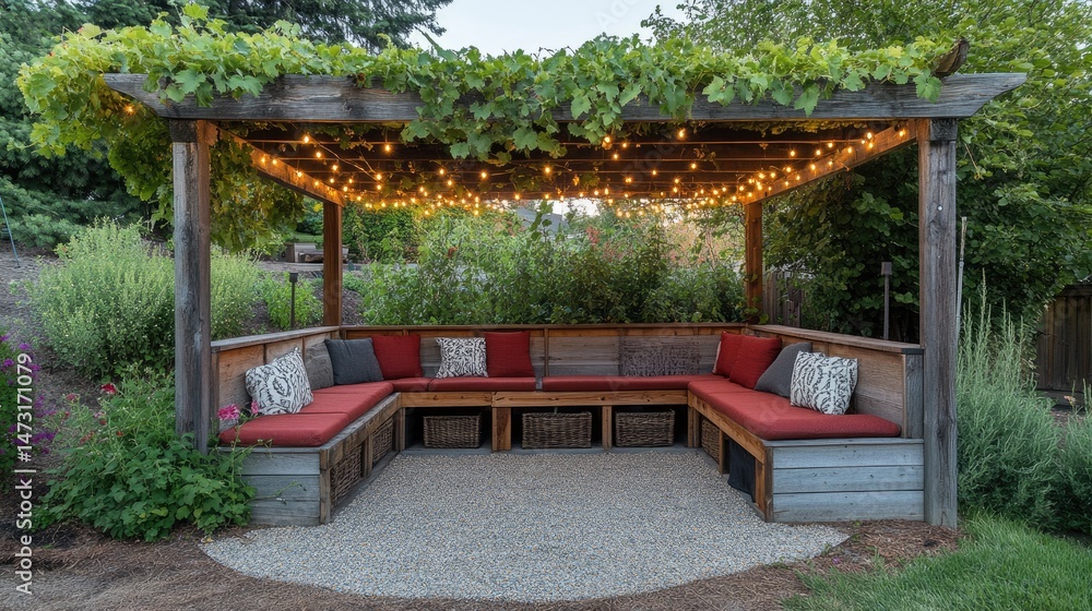 Poster outdoor bench with built-in storage under a pergola draped with greenery and string lights