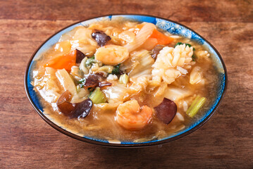 Chukadon(Stir-fried vegetables and seafoods in starchy sauce on rice bowl),japanese cuisine