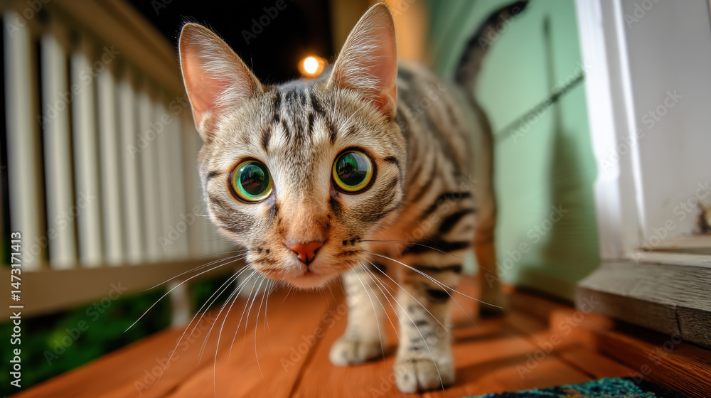 Poster curious tabby cat with wide green eyes approaches the camera on a wooden porch at night, illuminated