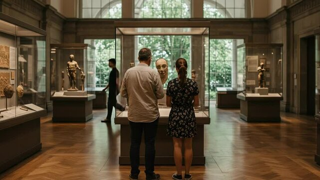 A Couple Exploring a Museum Exhibition, Engrossed in Artifacts and Statues Amidst Cultural Treasures and Historical Sculptures