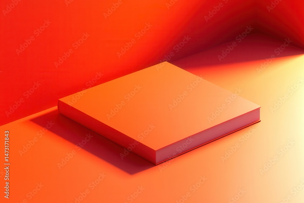Poster minimalistic orange book on a vibrant red surface with soft shadows, perfect for design projects