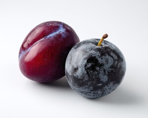 Obraz premium Fresh Plums on White Background, One Red Plum and One Black Plum with Dewy Surface, Organic Fruit for Healthy Eating and Culinary Arts