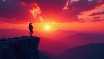 Obraz premium A lone figure silhouetted against a vibrant sunset, standing at a precipice overlooking a vast expanse , rocks, determined