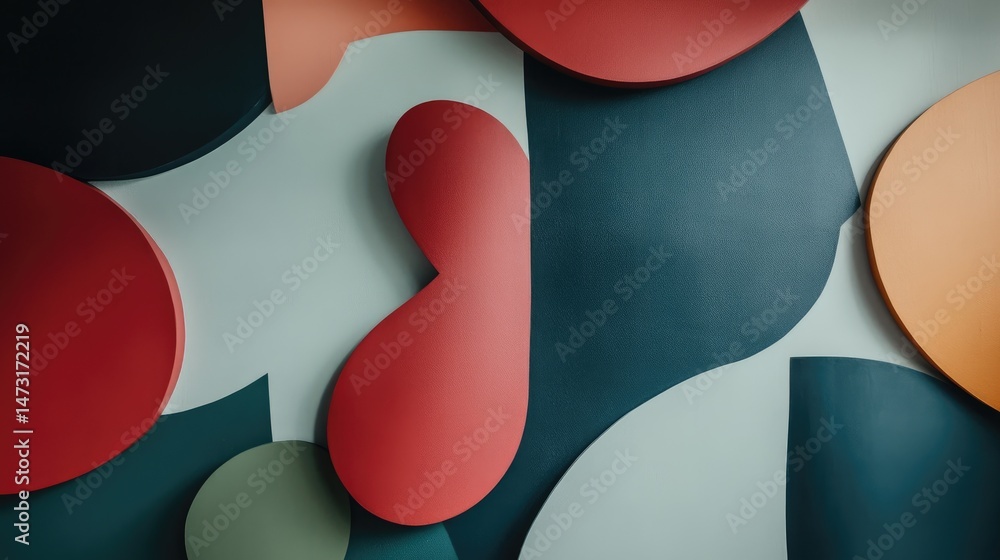 Poster overlapping geometric shapes in a mix of bright and muted tones, forming a complex, modern abstract 