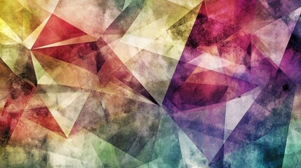 Overlapping geometric shapes in a mix of bright and muted tones, forming a complex, modern abstract design with a sense of depth