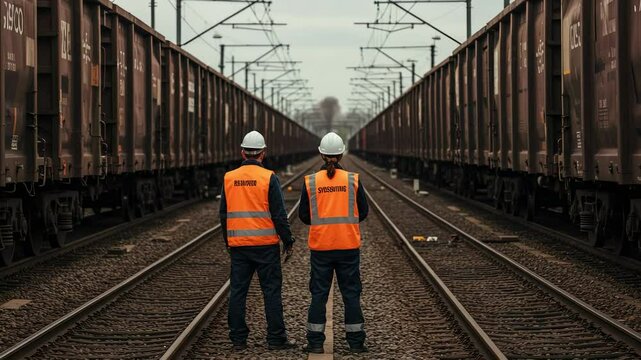 Two Construction Workers Surveying Cargo Train Yard Between Freight Cars on Rails Wearing Safety Gear in Urban Environment