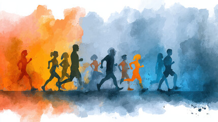 Silhouettes of runners in vibrant watercolor style, depicting a dynamic race with diverse individuals against a backdrop of contrasting orange and blue hues. : Generative AI