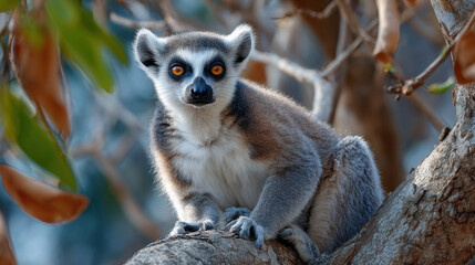 Obraz premium A ring-tailed lemur sits perched on a tree branch, its orange eyes captivating against the blurred background of leaves and branches, sunlight illuminating its fur. : Generative AI