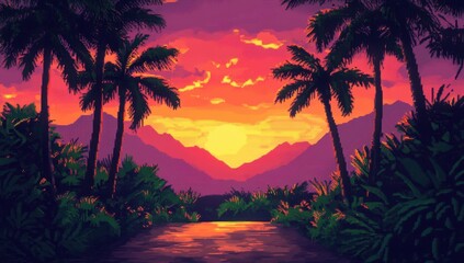 Vibrant sunset over tropical river, framed by lush palms and mountains