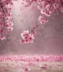 Abstract pink sakura petals gently falling on a dreamy, blurred background ,  vibrant,  tranquility