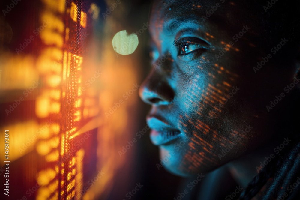 Aufkleber a young woman's face is illuminated by the warm glow of a digital display, her expression thoughtful