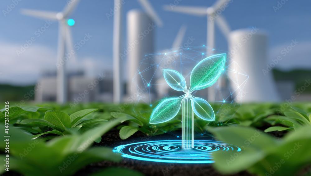 Poster futuristic seedling with glowing leaves emerges from soil, set against a backdrop of wind turbines a
