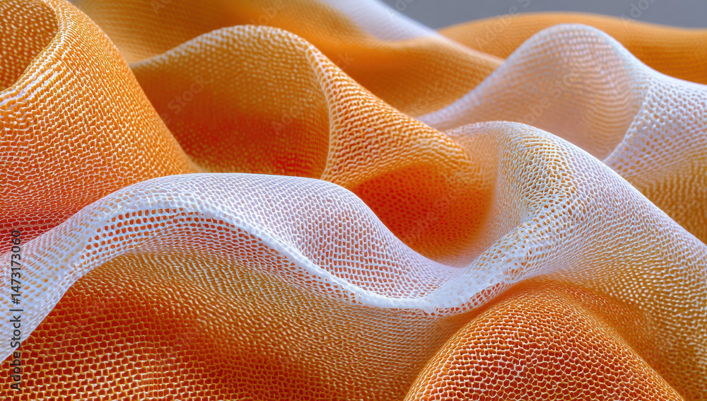 Poster Abstract orange and white fabric texture with wave-like patterns, showcasing intricate mesh details and a luxurious feel, ideal for textile design or fashion backgrounds. : Generative AI