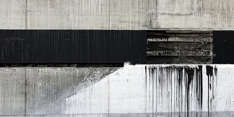 Concrete wall with black and white paint, visible damage, cracks, stains and texture creating urban abstract minimalist background.