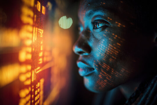 A young woman's face is illuminated by the warm glow of a digital display, her expression thoughtful and contemplative, as if she is analyzing data or contemplating the future. : Generative AI