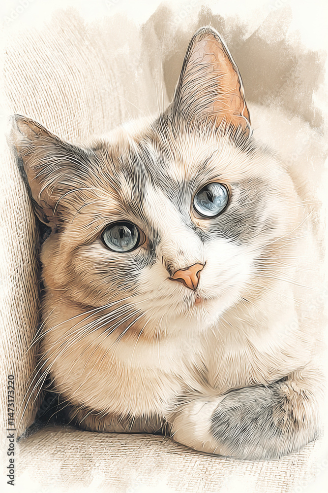 Poster a charming calico cat with striking blue eyes rests comfortably on a beige fabric surface, its soft 