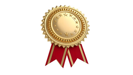 A golden medal with red ribbons on a black background view