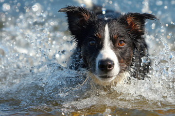 A border collie dog emerges from the water, its fur wet and glistening, eyes focused, creating a splash of water droplets around it. : Generative AI