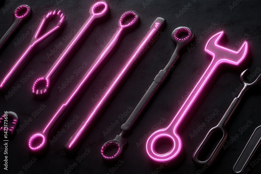 Poster neon glowing tools arranged on a dark surface, showcasing modern design and functionality