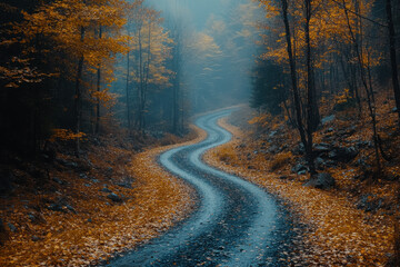 Obraz premium Yellow leaves cover a road in the woods.