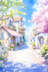 Obraz premium Fantasy European Street in Blooming Spring