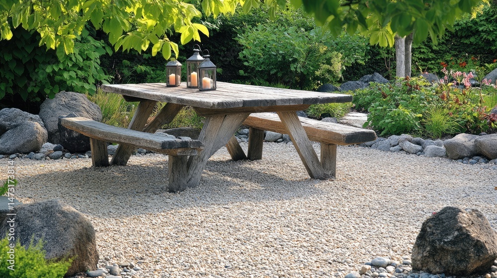 Poster rustic picnic table setup in a shaded backyard garden with bench seating and lanterns