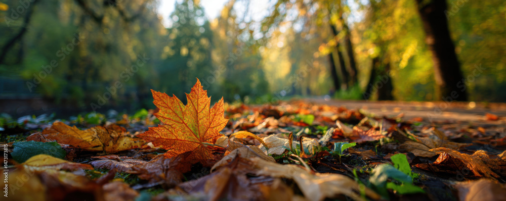 Poster Single orange maple leaf rests on a path covered with fallen autumn leaves in a sunlit park, creating a beautiful autumnal scene. : Generative AI