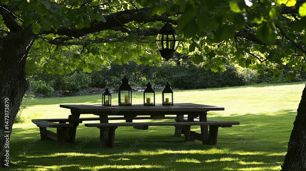 Poster rustic picnic table setup in a shaded backyard garden with bench seating and lanterns