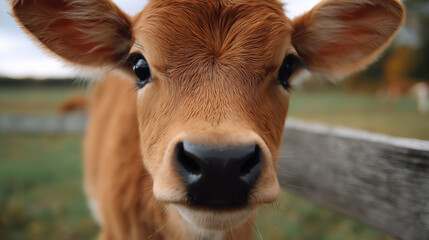Close-up portrait of a curious brown calf, its large eyes and soft fur visible, standing near a rustic wooden fence in a green pasture. : Generative AI