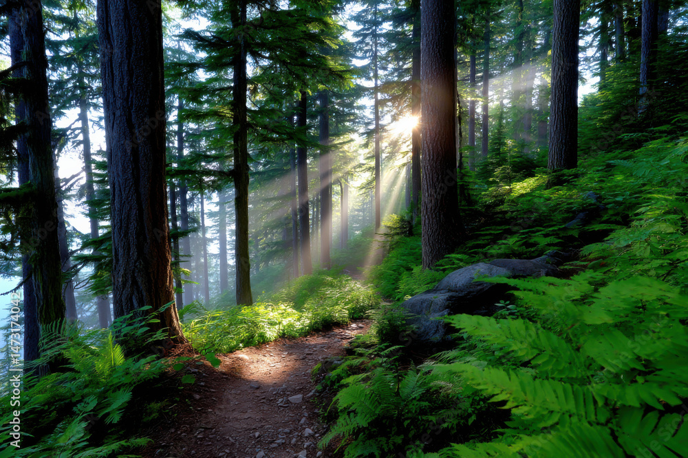 Aufkleber Sunbeams illuminate a tranquil forest path, dappled sunlight filtering through lush ferns and towering evergreen trees, creating a serene and magical atmosphere. : Generative AI