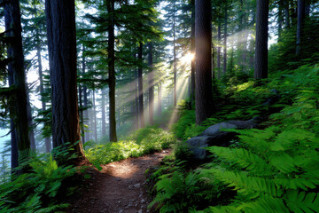 Obraz premium Sunbeams illuminate a tranquil forest path, dappled sunlight filtering through lush ferns and towering evergreen trees, creating a serene and magical atmosphere. : Generative AI