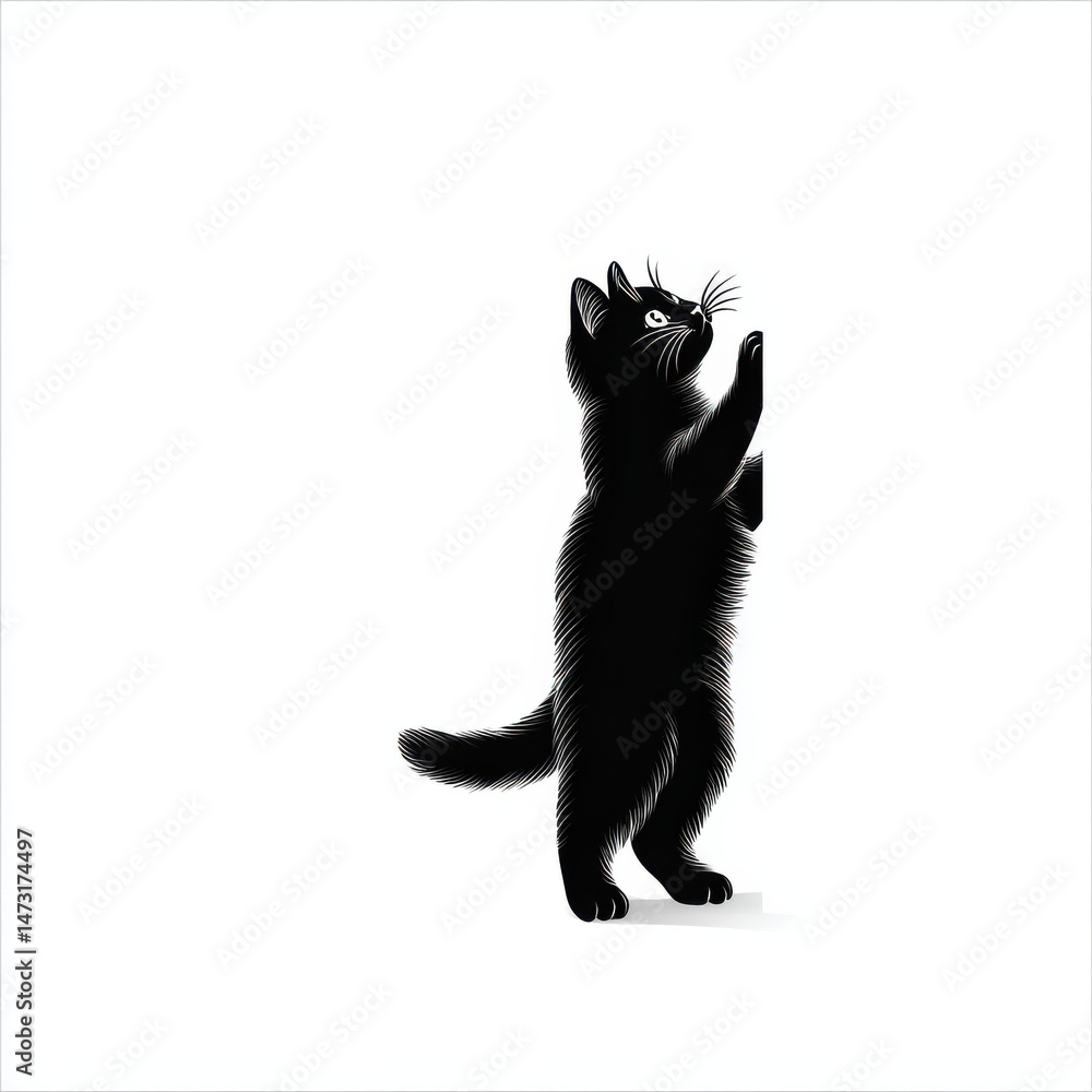 Poster a playful black kitten stands on its hind legs, reaching up towards something unseen, its silhouette