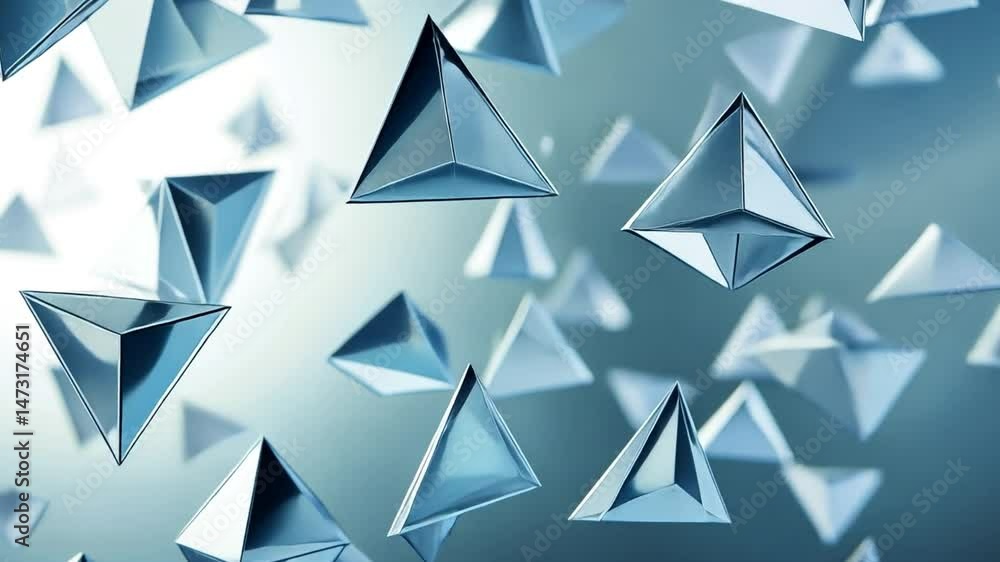 Poster mesmerizing floating geometric shapes, including translucent pyramids and tetrahedrons, create cool 