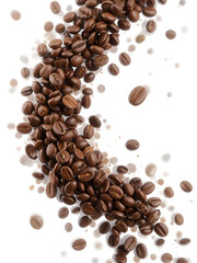 Obraz premium Coffee beans falling in the air isolated on a white background. Coffee beans flying.