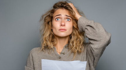 Worried young woman with messy blonde hair holds a paper, looking up with a stressed expression against a gray background. : Generative AI