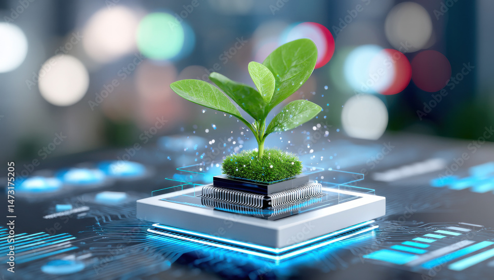 Poster A vibrant green plant sprouts from a computer microchip, symbolizing technological advancement and sustainable growth in a futuristic setting.  The image showcases a blend of nature an : Generative AI
