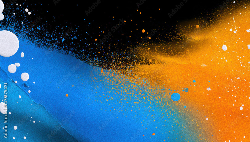 Poster abstract blue and orange paint splash with white droplets, dynamic texture, vibrant color contrast, 