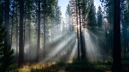 Sunlit fog drifting through forest of tall pine trees soft beams of light highlighting mist and creating an atmosphere of quiet solitude and natural beauty cut out on isolated transparent background