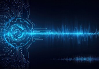 Obraz premium Blue technology background with circuit board, gear and sound wave illustration