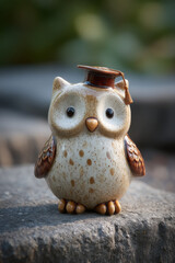 Ceramic owl figurine wearing a graduation cap, perched on a stone, outdoors with a blurred green background.  The owl is light beige with brown accents. : Generative AI