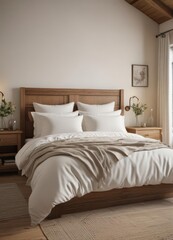 Modern country bedroom, white & cream pillows, rustic wood accents,  simple, country bedroom,  bed