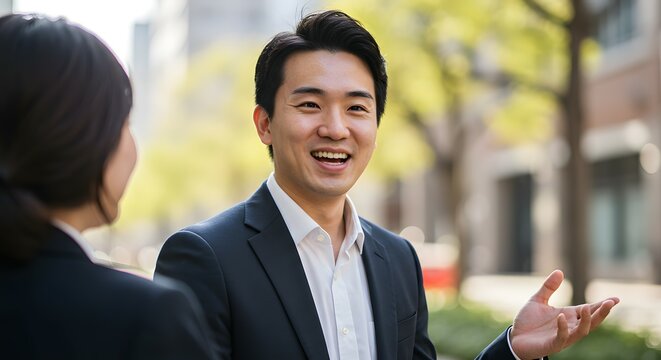 Confident Asian businessman engages in animated conversation with colleague, showcasing successful teamwork and professional communication in a modern urban setting.