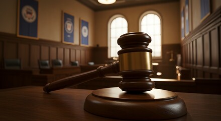 Gavel on Judge's Bench in a Courtroom Law, Justice, and Legal Proceedings