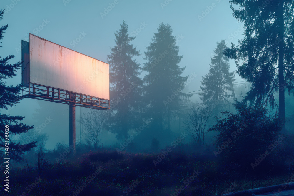 Poster a large blank billboard stands in a misty forest at dawn, bathed in soft, warm light, creating a ser