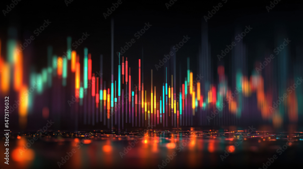 Poster Abstract Candlestick Chart Visualization: Dynamic Stock Market Data Representation with Vibrant Color Palette and Glowing Effects. : Generative AI