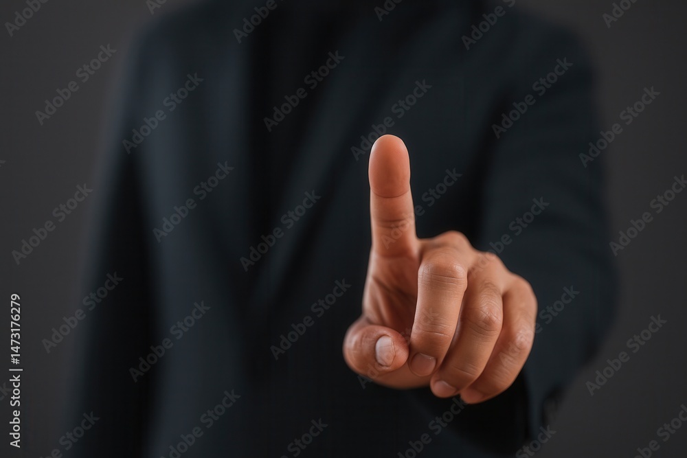 Poster businessman touching virtual screen interface using index finger